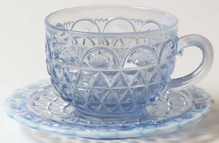 Laced Edge Blue Opalescent (Katy) Cup & Saucer Set by Imperial Glass-Ohio-1
