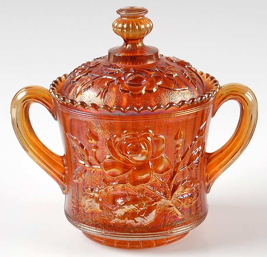 Lustre Rose Marigold Bowl Has Lip, Sugar Bowl & Lid by Imperial Glass-Ohio-1