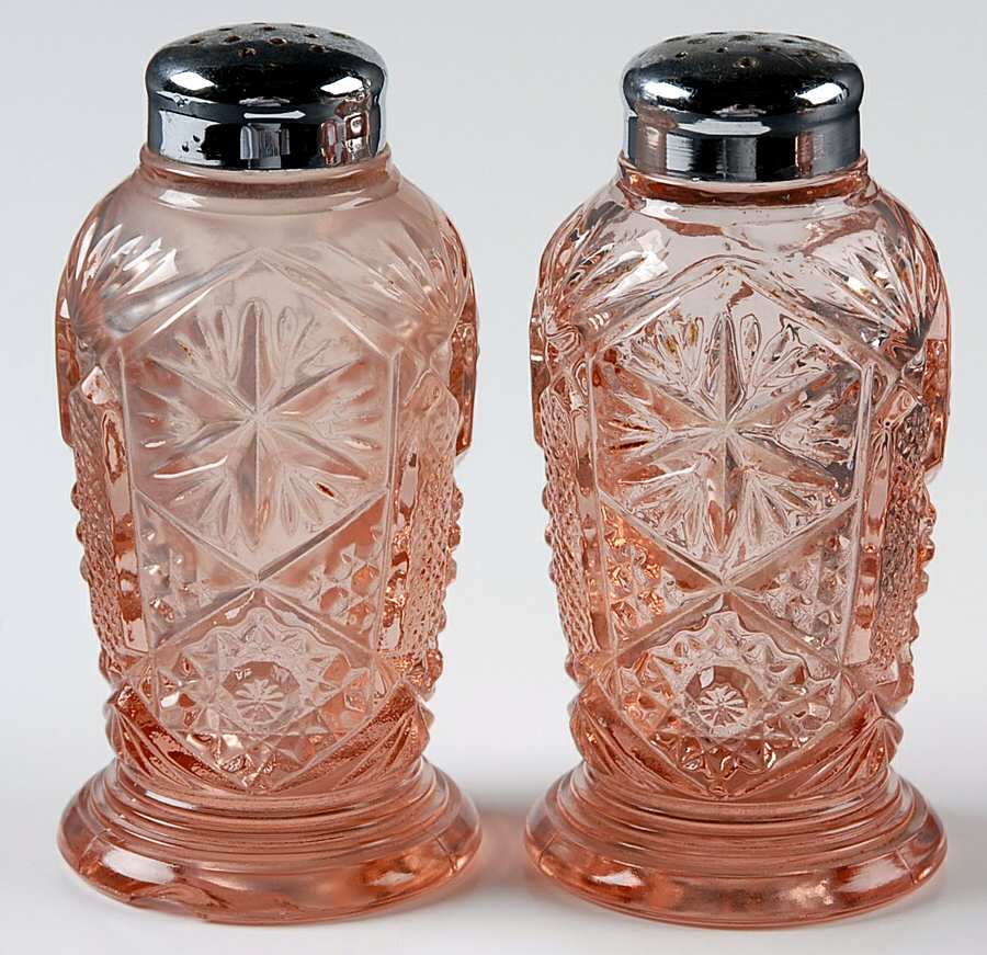 Mogul Variant Pink Shaker Set w/Metal Lids by Imperial Glass-Ohio-1