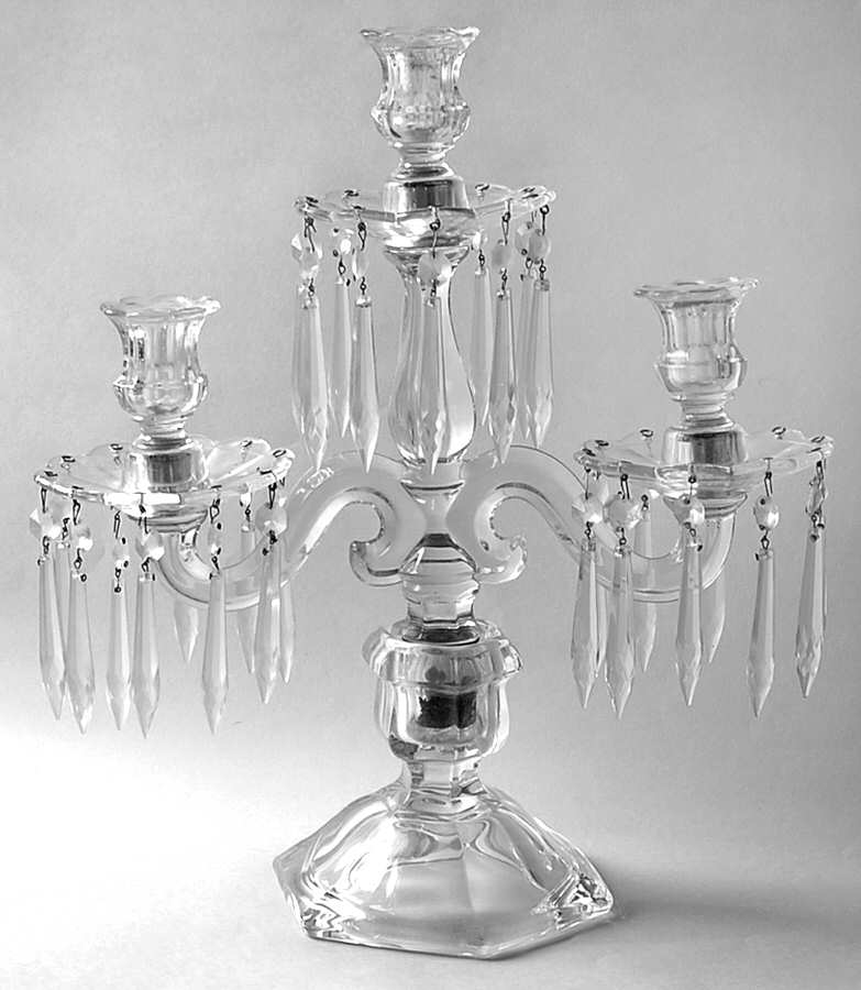 Old Williamsburg Clear 15" 3 Light Candelabra W/3 Bobeche & 30 Prisms by Imperial Glass-Ohio-1