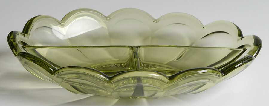 Old Williamsburg Verde Green 10" Oval 3 Part Celery/Relish by Imperial Glass-Ohio-1