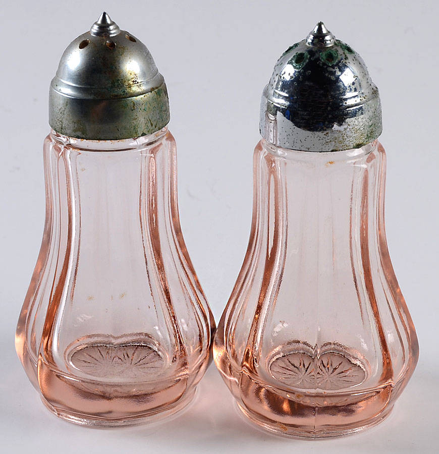 Old Williamsburg Light Pink Shaker Set & Plastic Lids by Imperial Glass-Ohio-1