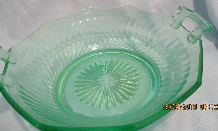Twisted Optic Green 10" Handled Bowl by Imperial Glass-Ohio-1