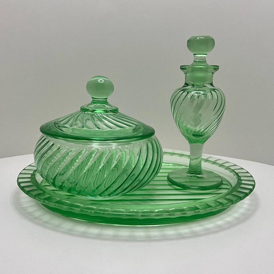 Twisted Optic Green Oval Dresser Tray by Imperial Glass-Ohio-1