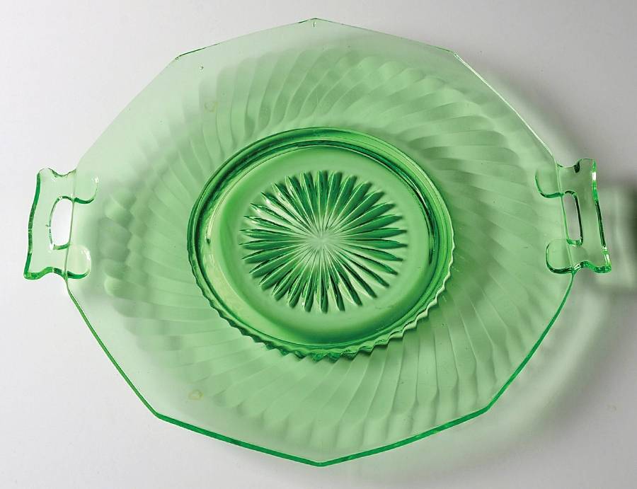Twisted Optic Green Handled Cake Plate by Imperial Glass-Ohio-1