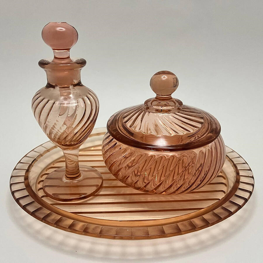 Twisted Optic Pink Oval Dresser Tray by Imperial Glass-Ohio-1