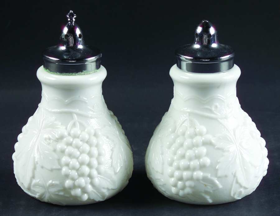 Vintage Grape Milk Glass Shaker Set w/Metal Lids by Imperial Glass-Ohio-1