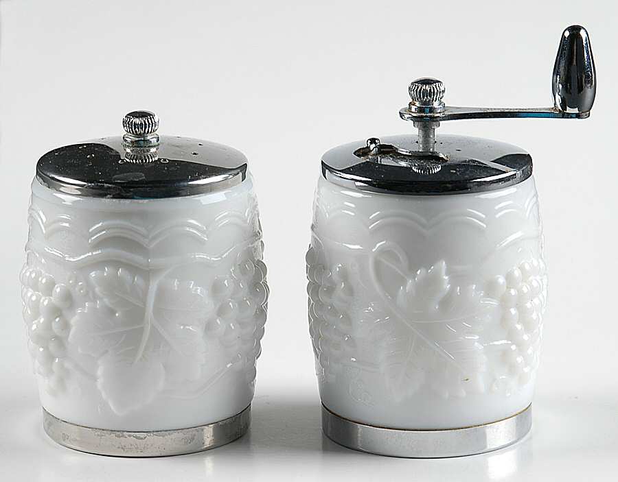 Vintage Grape Milk Glass Salt and Pepper Mill Set by Imperial Glass-Ohio-1
