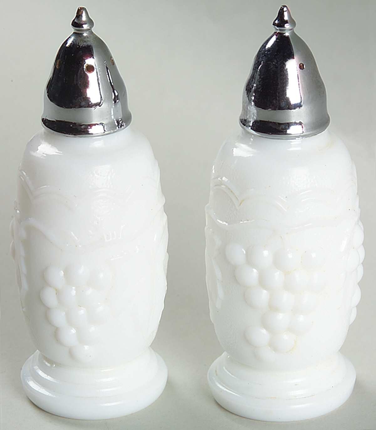 Vintage Grape Milk Glass Footed Shaker Set & Metal Lids by Imperial Glass-Ohio-1