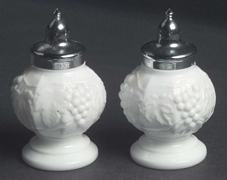 Vintage Grape Milk Glass Footed Shaker Set & Metal Lids by Imperial Glass-Ohio-1