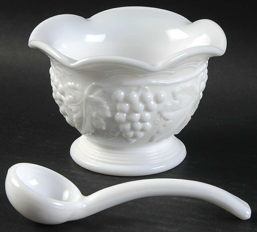 Vintage Grape Milk Glass Sauce Bowl with Ladle by Imperial Glass-Ohio-1