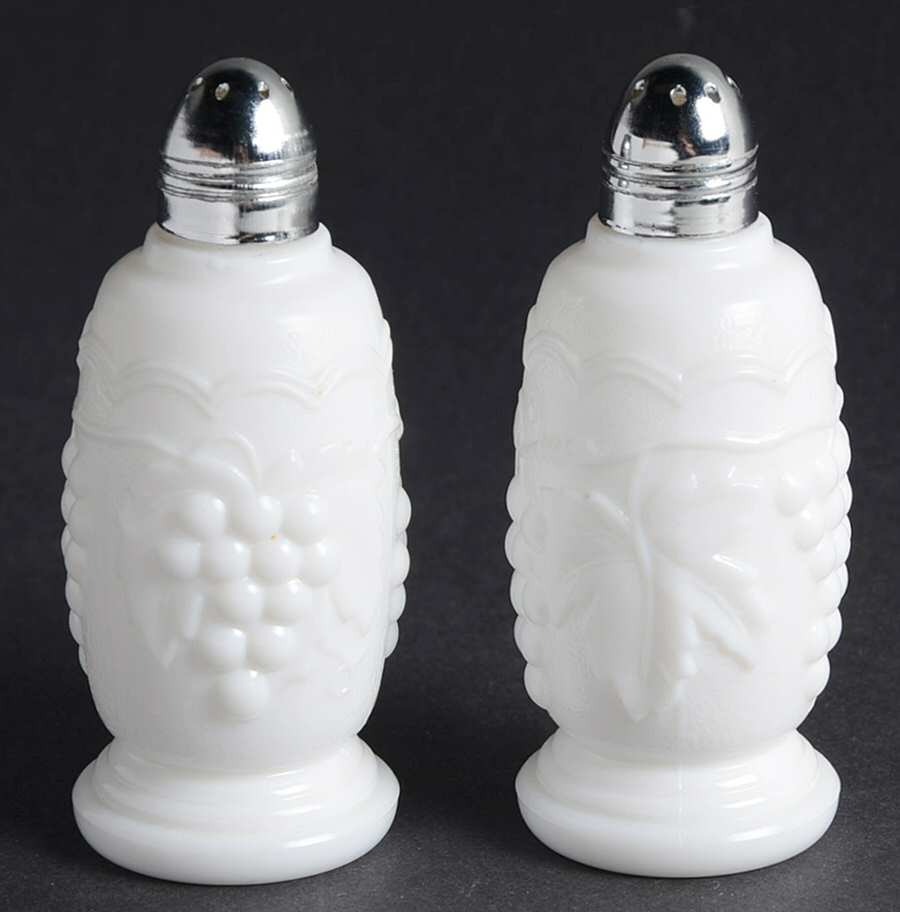 Vintage Grape Milk Glass Footed Shaker Set & Metal Lids by Imperial Glass-Ohio-1