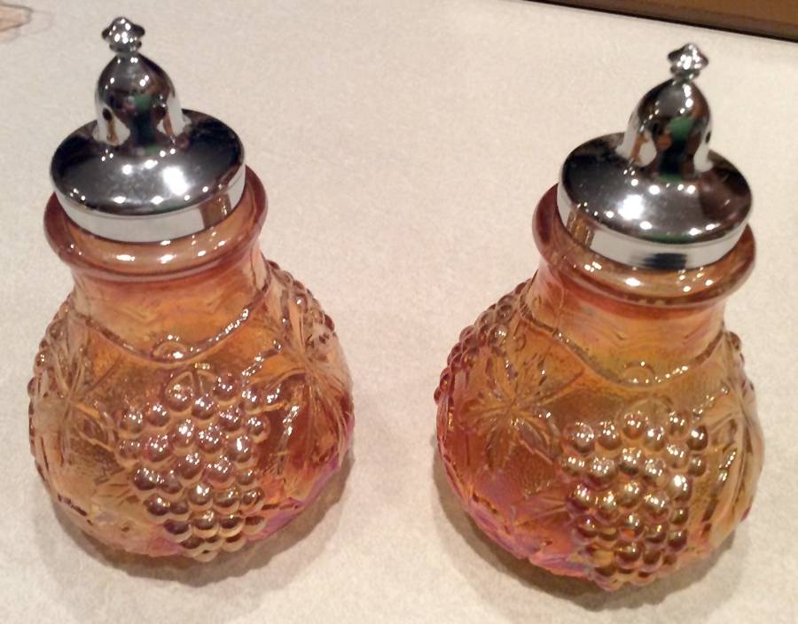 Vintage Carnival (Orange) Shaker Set w/Metal Lids by Imperial Glass-Ohio-1