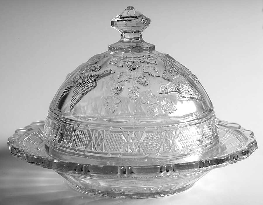 Bird and Strawberries Round Covered Butter by Indiana Glass-1