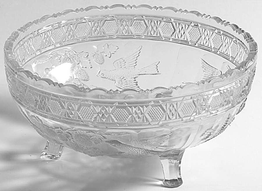Bird and Strawberries 7" 3-Toed Footed Bowl by Indiana Glass-1