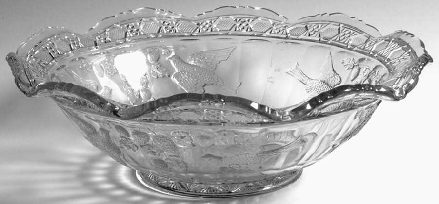 Bird and Strawberries 10" Round Crimped Bowl by Indiana Glass-1