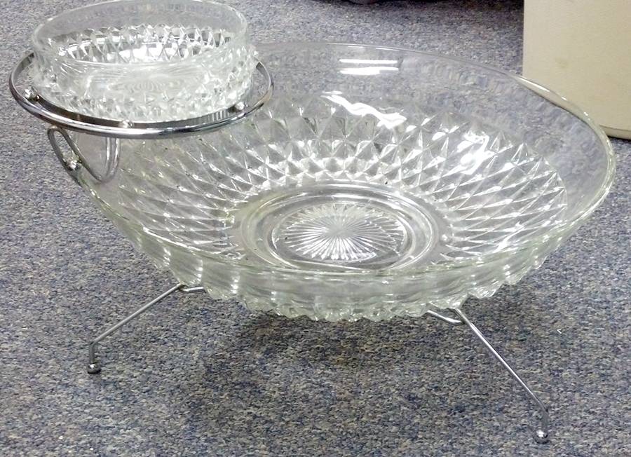 Diamond Point Clear Chip & Dip Dessert Set with Metal Handle by Indiana Glass-1