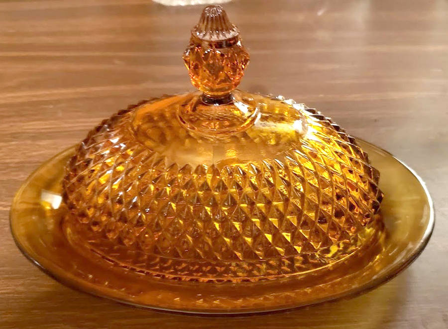 Diamond Point Amber Oval Covered Butter by Indiana Glass-1