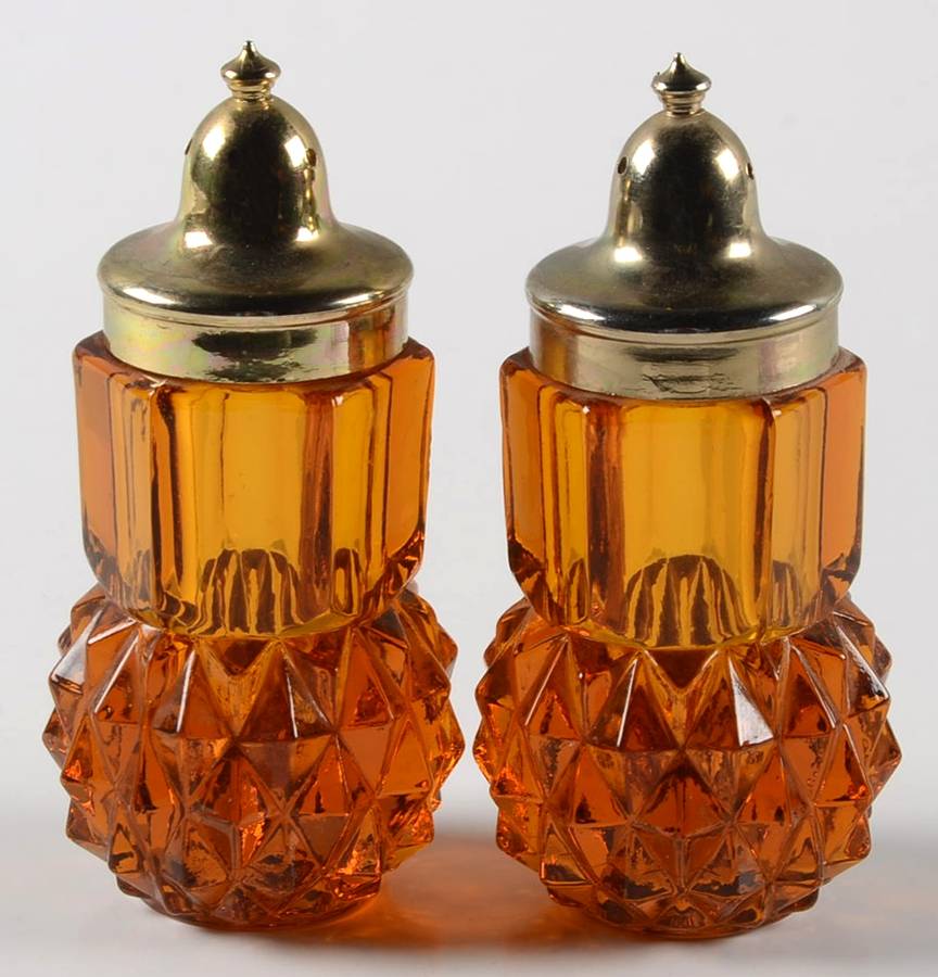 Diamond Point Amber Shaker Set & Plastic Lids by Indiana Glass-1