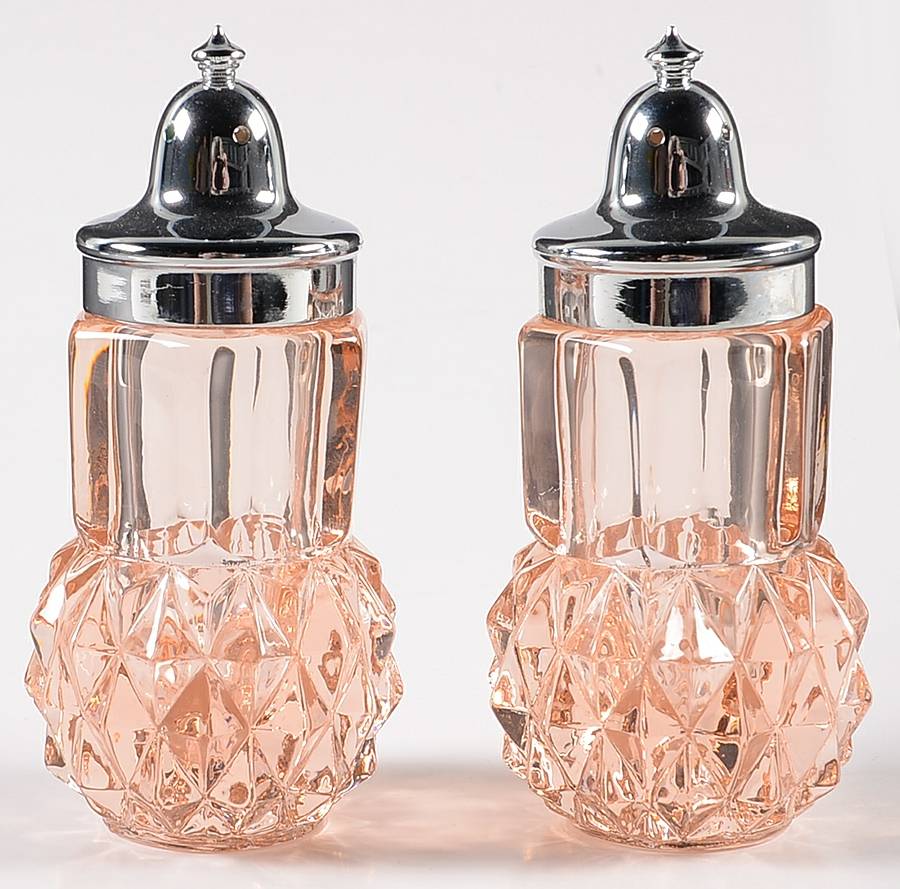 Diamond Point Pink Shaker Set & Plastic Lids by Indiana Glass-1