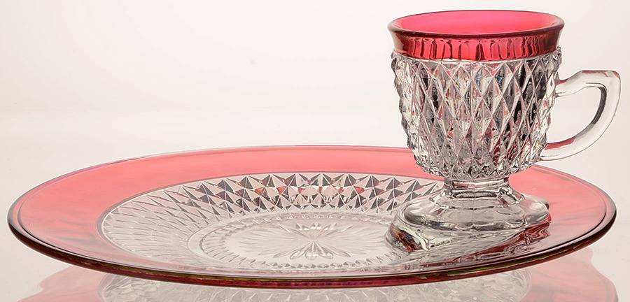 Diamond Point Ruby Snack Plate & Cup Set by Indiana Glass-1