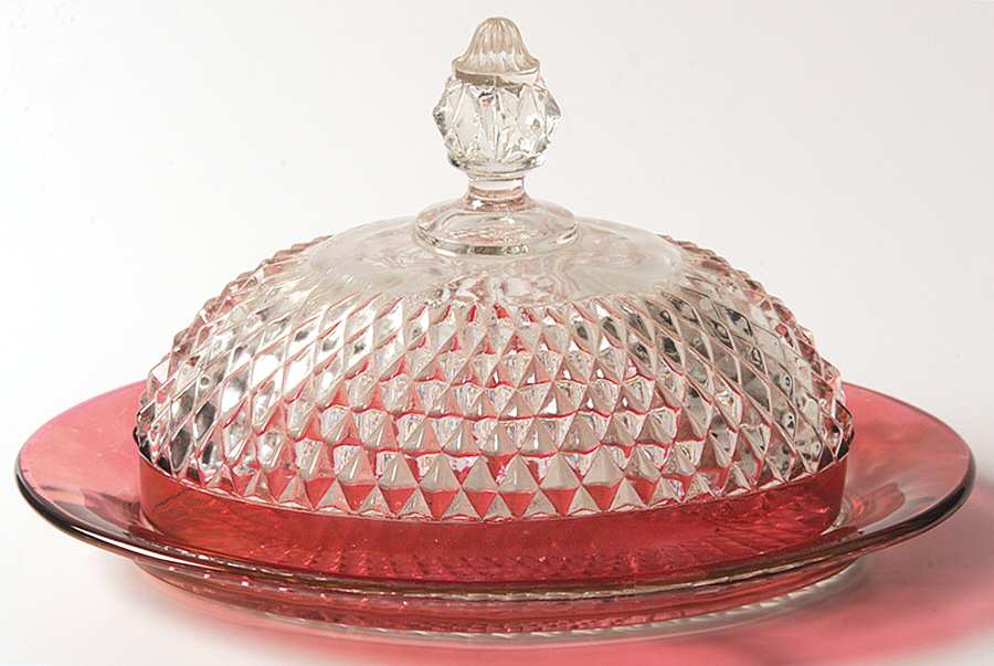 Diamond Point Ruby Oval Covered Butter by Indiana Glass-1