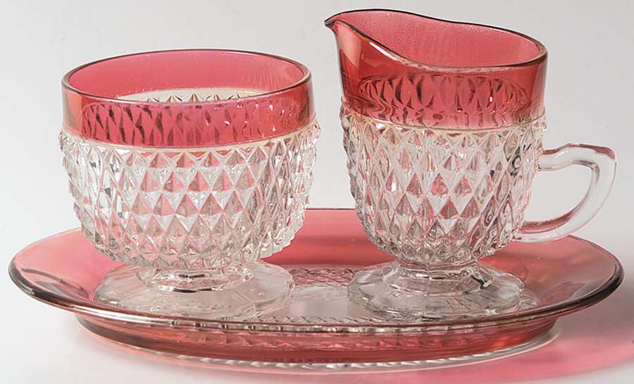 Diamond Point Ruby Creamer, Sugar and Tray Set by Indiana Glass-1