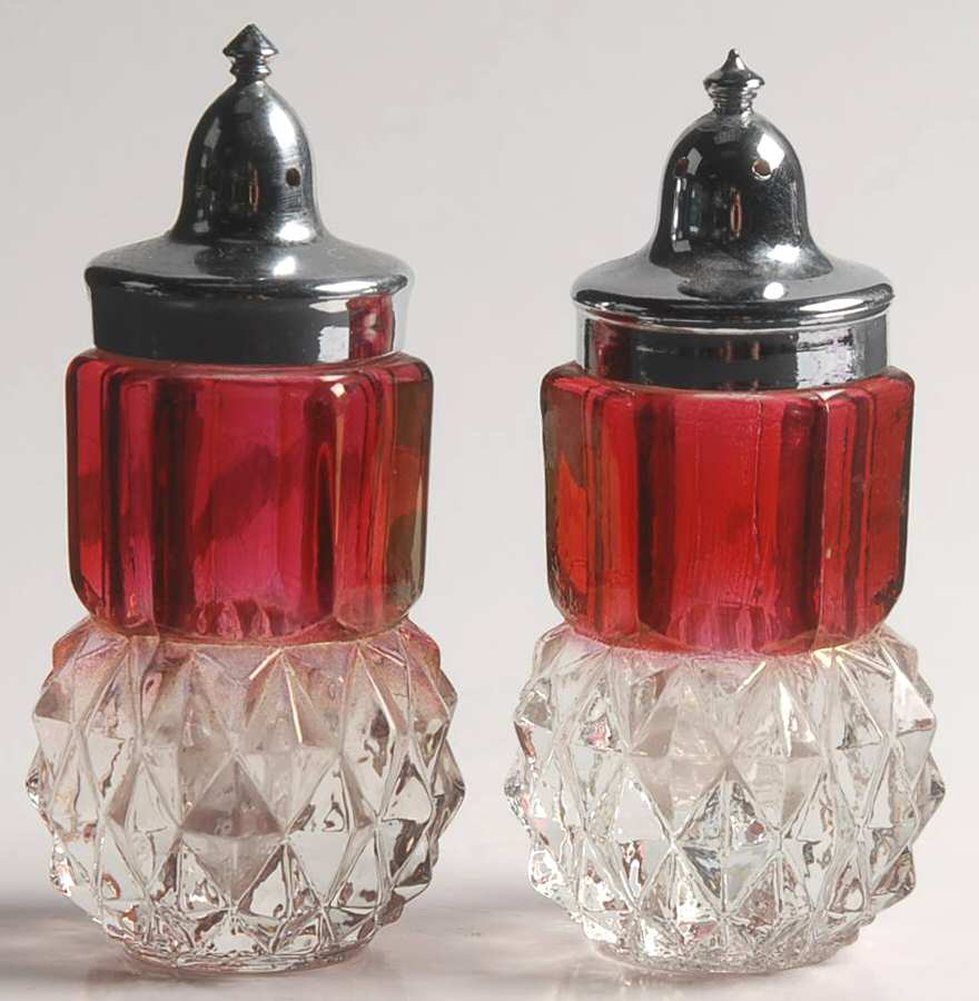 Diamond Point Ruby Shaker Set & Plastic Lids by Indiana Glass-1