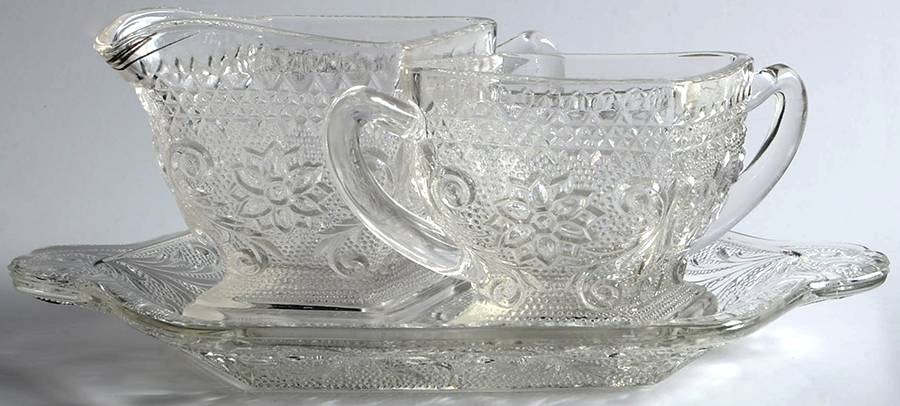Sandwich Clear Diamond Shape Creamer and Sugar on Tray by Indiana Glass-1