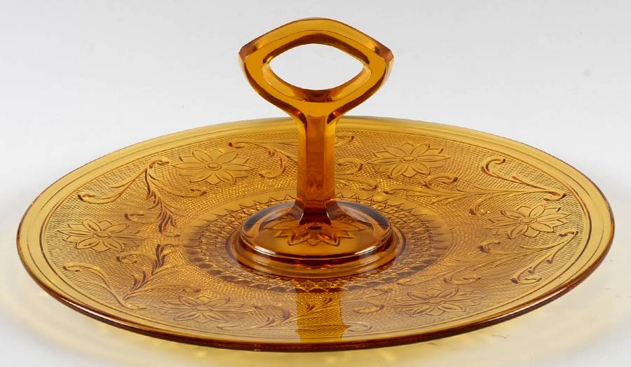 Sandwich Amber Center Handle Tray by Indiana Glass-1