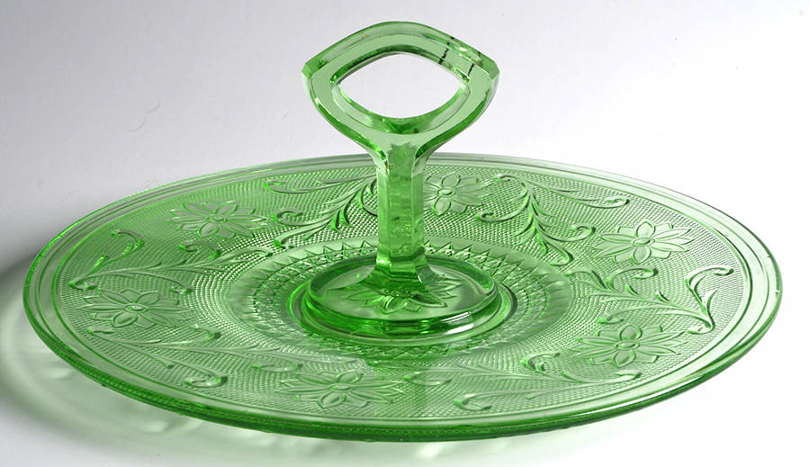 Sandwich Green Center Handle Tray by Indiana Glass-1