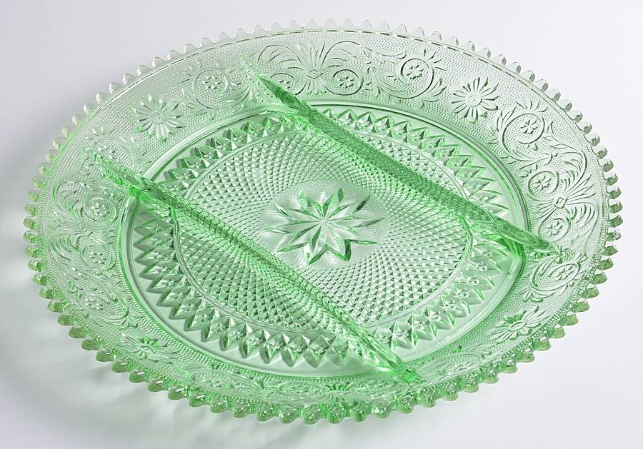 Sandwich Green 12" Round 3 Part Relish by Indiana Glass-1