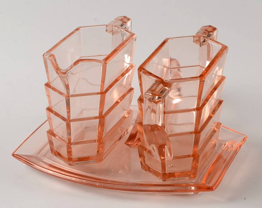 Tea Room Pink Rectangular Creamer, Sugar and Tray Set by Indiana Glass-1