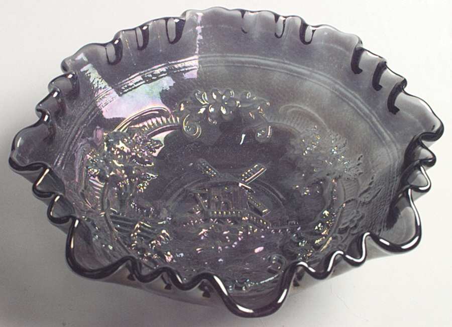 Windmill Smoke 8" Round Crimped Bowl by Imperial Glass-Ohio-1