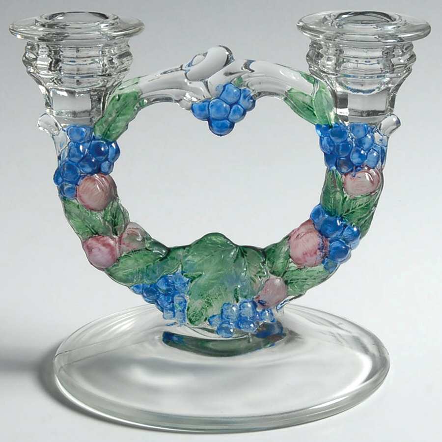 Garland Flashed Blue Grapes Double Light Candlestick by Indiana Glass-1