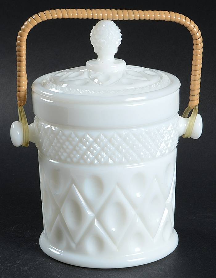 Cape Cod Milk Glass Peanut Jar & Lid with Bamboo Handle by Imperial Glass-Ohio-1