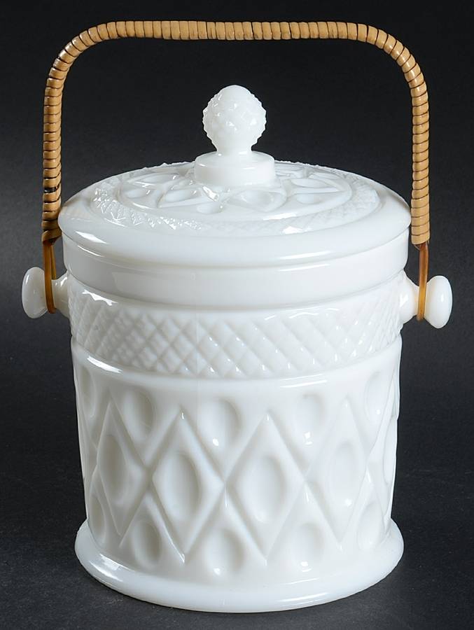 Cape Cod Milk Glass Candy Jar & Lid with Bamboo Handle by Imperial Glass-Ohio-1