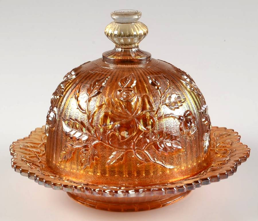 Open Rose Marigold Round Covered Butter by Imperial Glass-Ohio-1