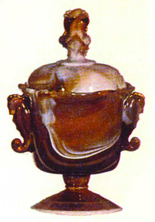 Waverly Carmel Slag Candy Dish & Lid w/Seahorse Handles by Imperial Glass-Ohio-1