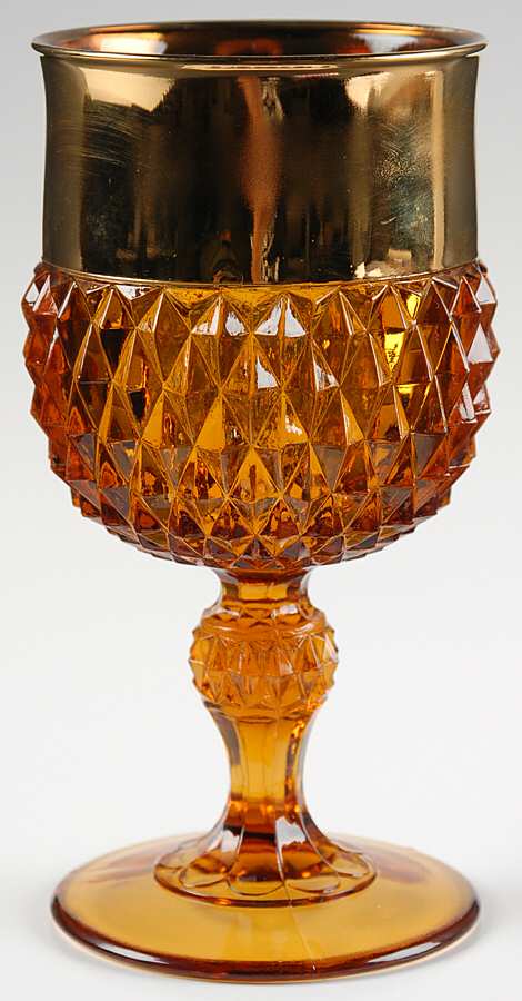 Diamond Point Amber (Gold Trim) Water Goblet by Indiana Glass-1