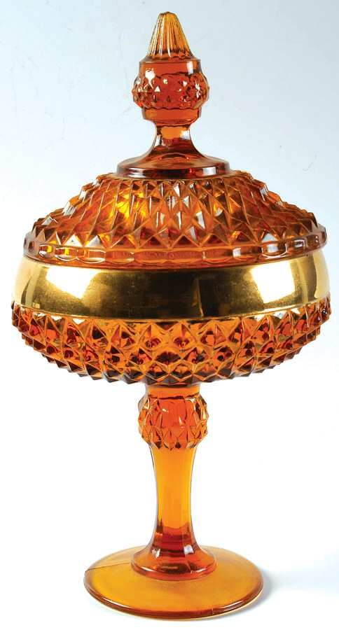 Diamond Point Amber (Gold Trim) Compote & Lid by Indiana Glass-1