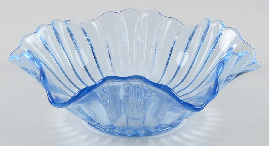 Pillar Flute Blue 6" Round Crimped Bowl by Imperial Glass-Ohio-1