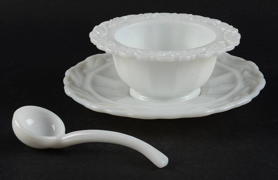 Star Holly Milkglass (Closed Leaves) Mayonnaise Bowl, Underplate and Ladle by Imperial Glass-Ohio-1