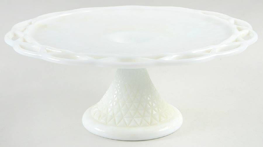 Laced Edge Cut Milk Glass 12" Diameter Cake Stand/Pedestal by Imperial Glass-Ohio-1