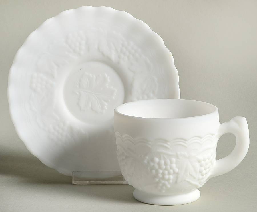 Vintage Grape Milk Glass Doeskin Cup and Saucer Set (Punch Cup) by Imperial Glass-Ohio-1