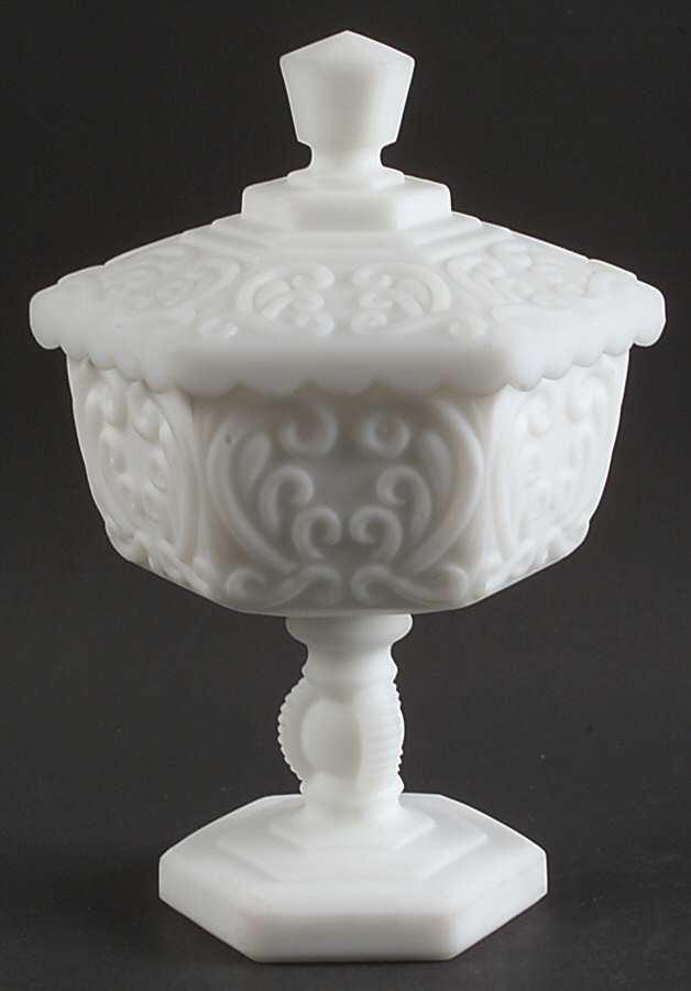 Scroll Milk Glass Frosted Footed Candy Dish & Lid by Imperial Glass-Ohio-1