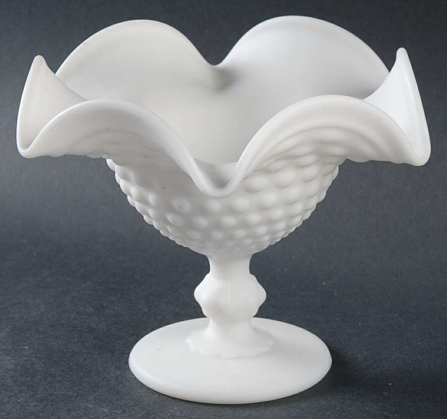 Hobnail Milk Glass Frosted Footed Flared Crimped Bon Bon by Imperial Glass-Ohio-1