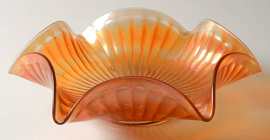 Smooth Rays Marigold 9" Round Crimped Bowl by Imperial Glass-Ohio-1