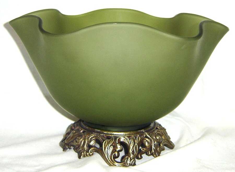 Olive Green Mist 10" Scalloped Bowl W/Metal Base by Indiana Glass-1