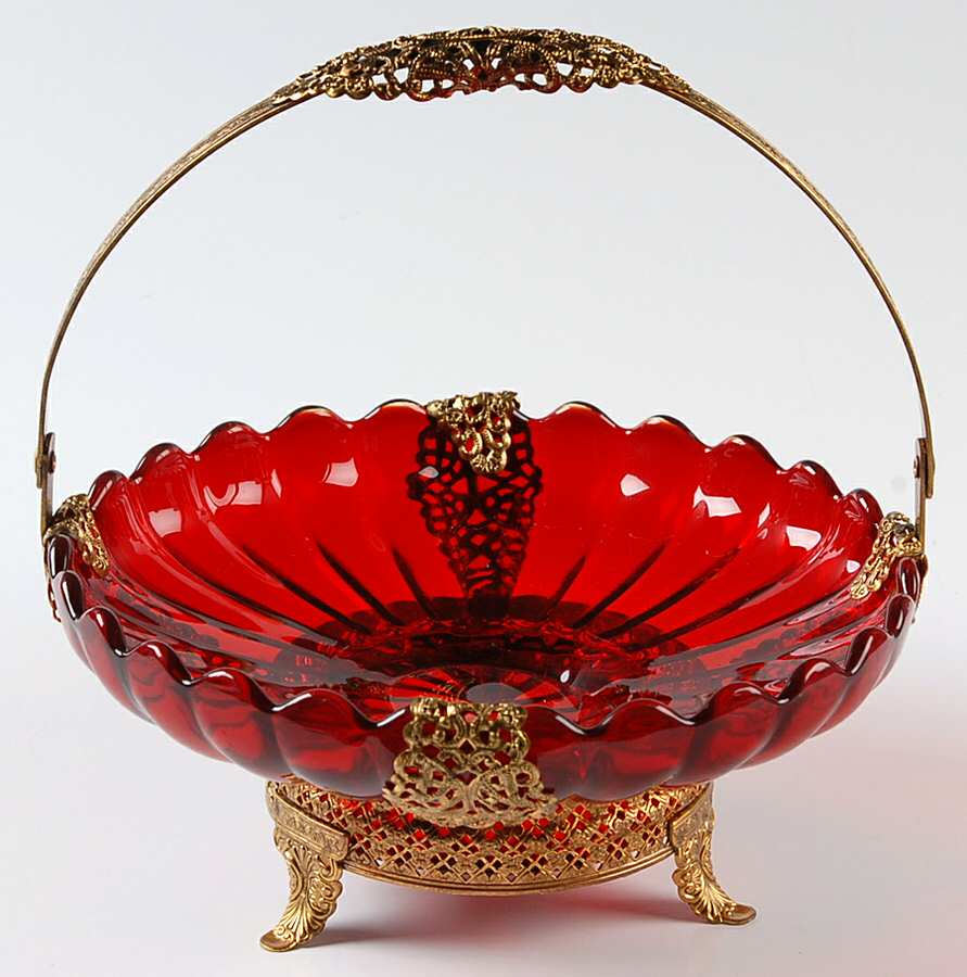 Pillar Flute Ruby 6" Basket with Metal Frame and Handle by Imperial Glass-Ohio-1